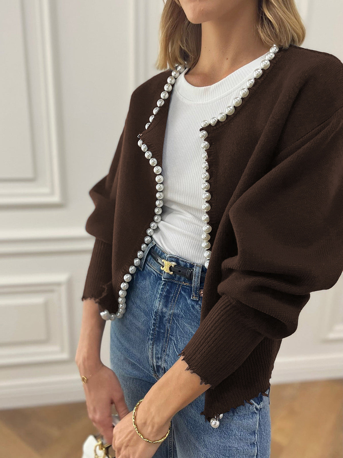 Ripped Hem Cardigan with Pearl Details for Women | Zylen Dark Brown