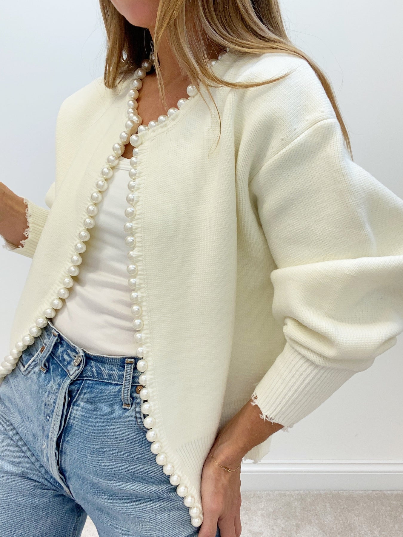 Ripped Hem Cardigan with Pearl Details for Women | Zylen