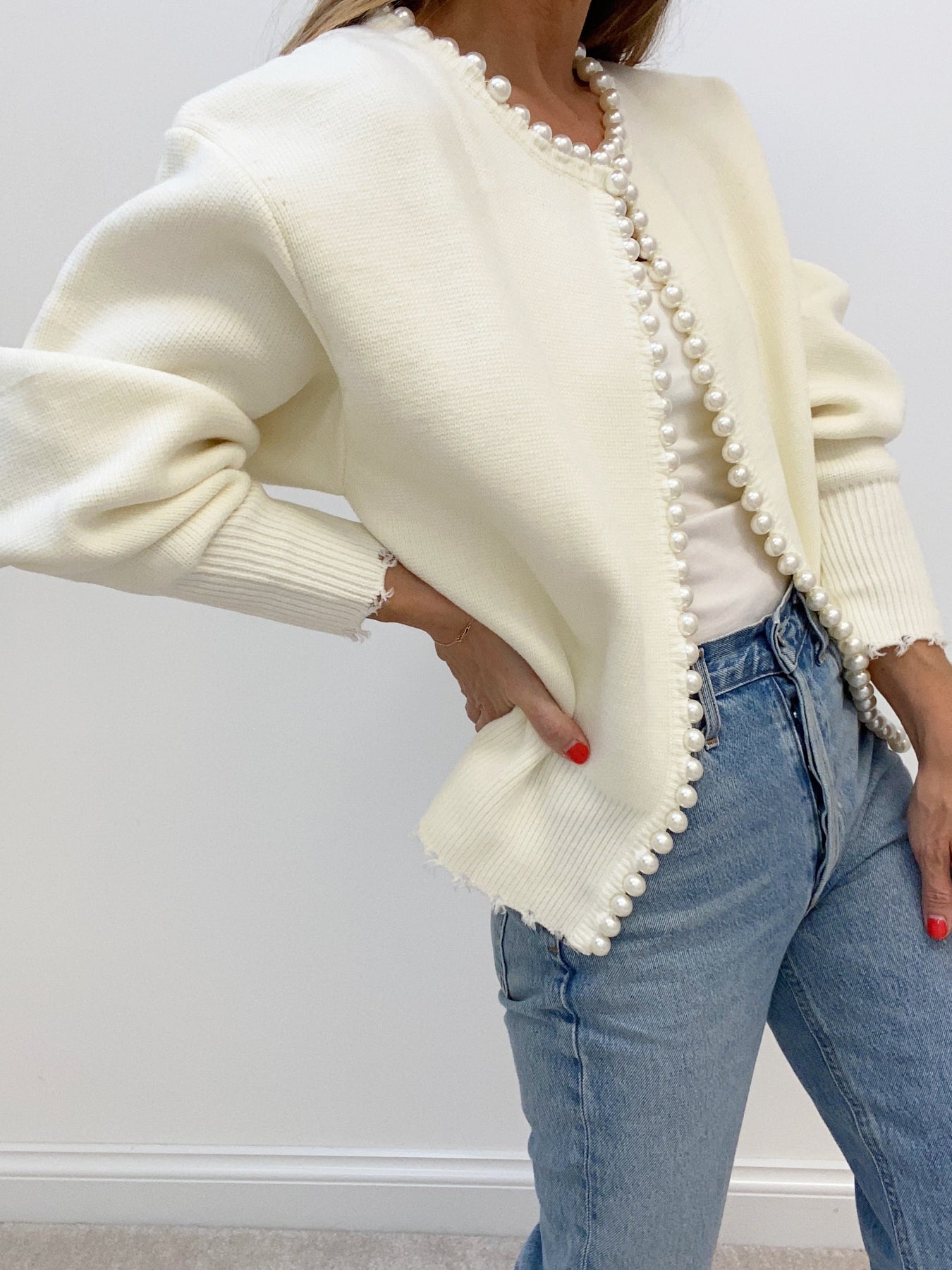 Ripped Hem Cardigan with Pearl Details for Women | Zylen