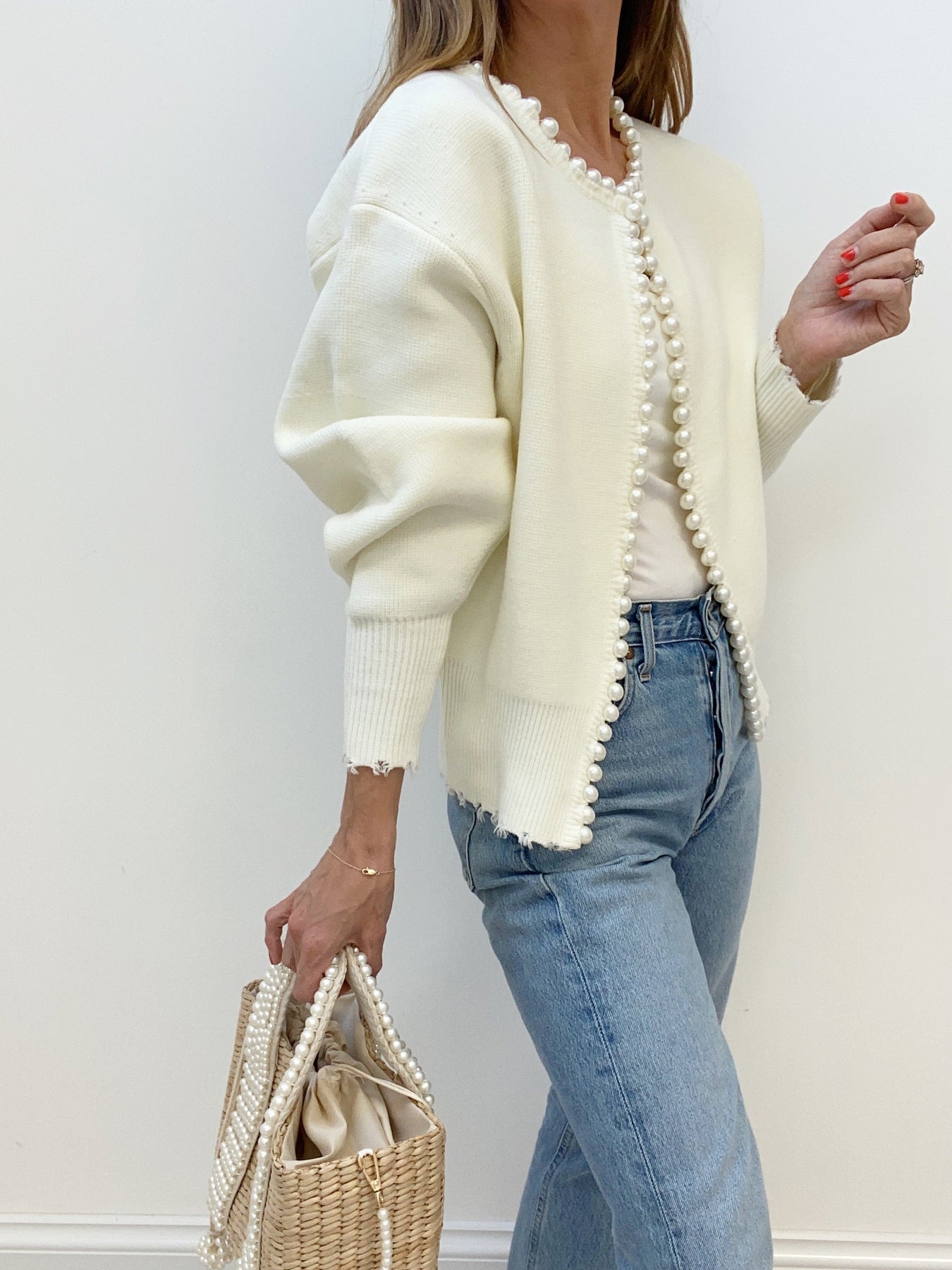 Ripped Hem Cardigan with Pearl Details for Women | Zylen