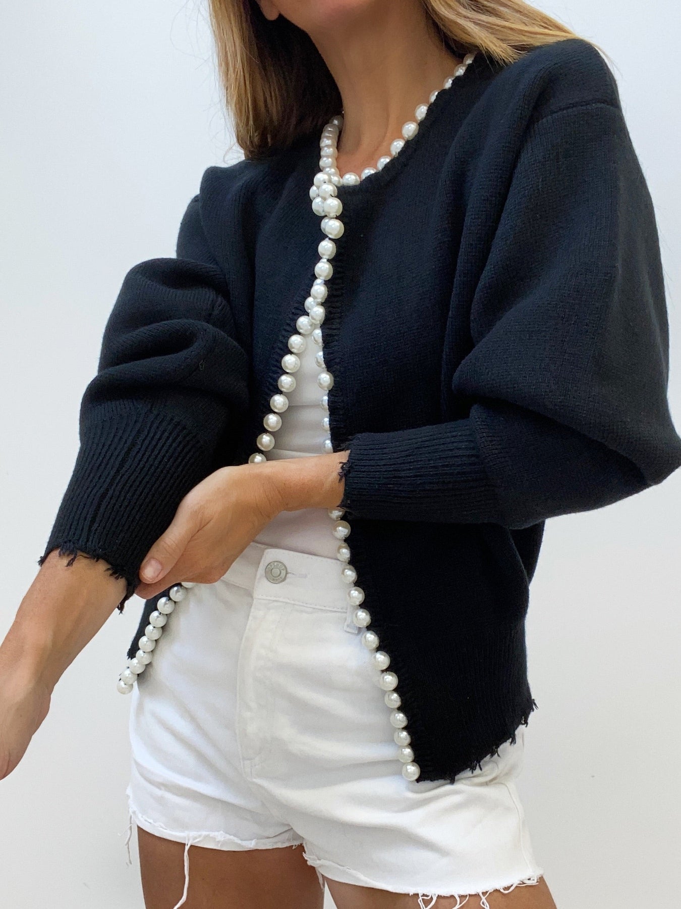 Ripped Hem Cardigan with Pearl Details for Women | Zylen Black