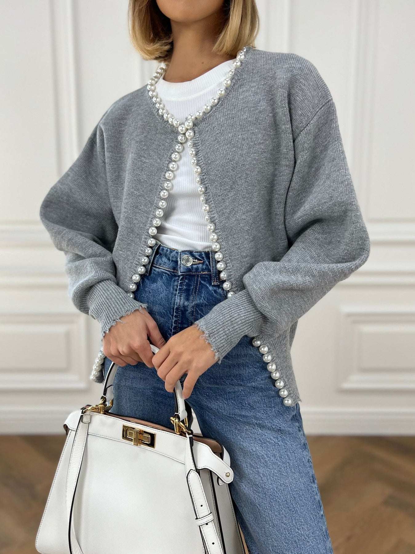 Ripped Hem Cardigan with Pearl Details for Women | Zylen Grey