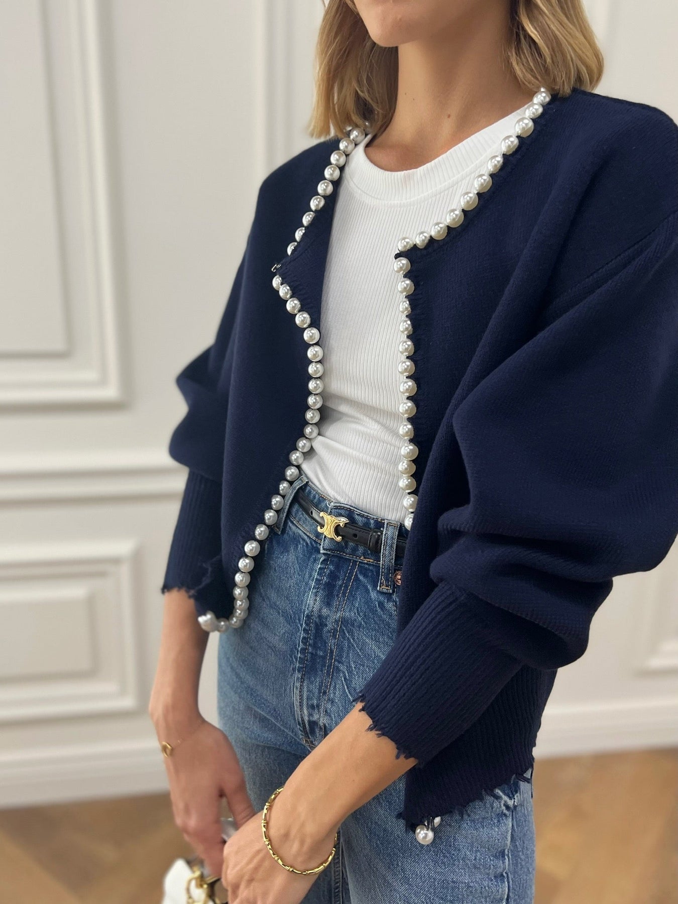 Ripped Hem Cardigan with Pearl Details for Women | Zylen Navy