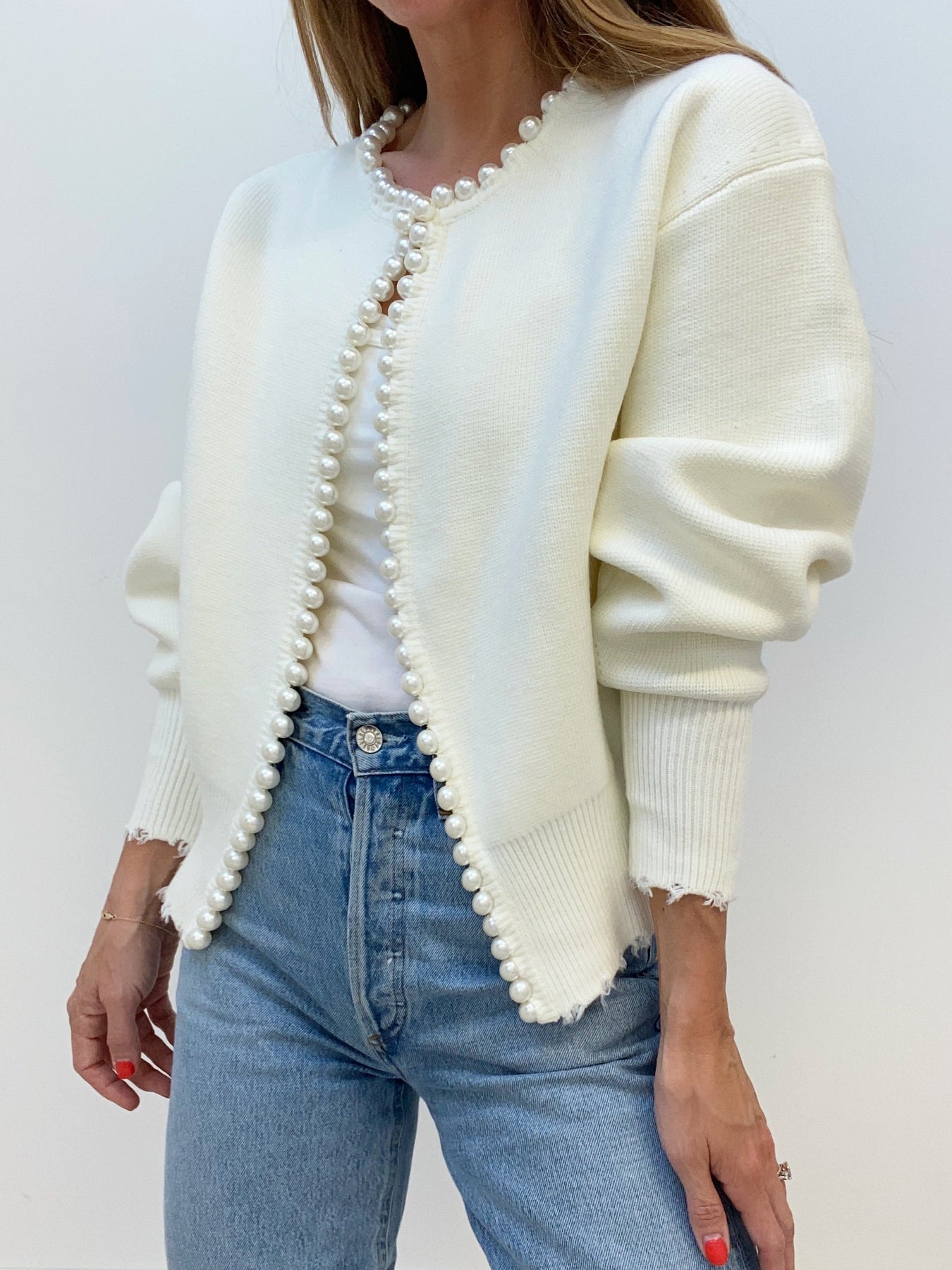 Ripped Hem Cardigan with Pearl Details for Women | Zylen White