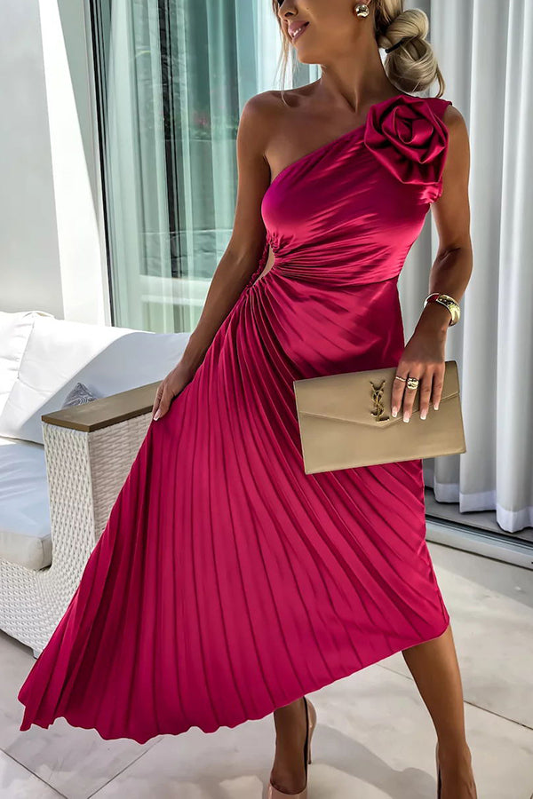 One-Shoulder Pleated Maxi Dress for Women | Zylera Red