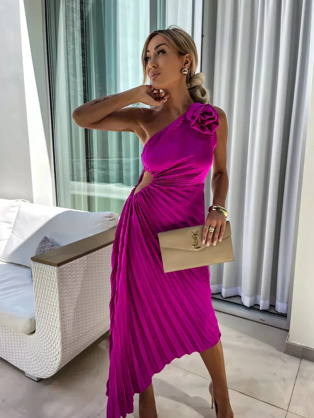 One-Shoulder Pleated Maxi Dress for Women | Zylera Rose Red