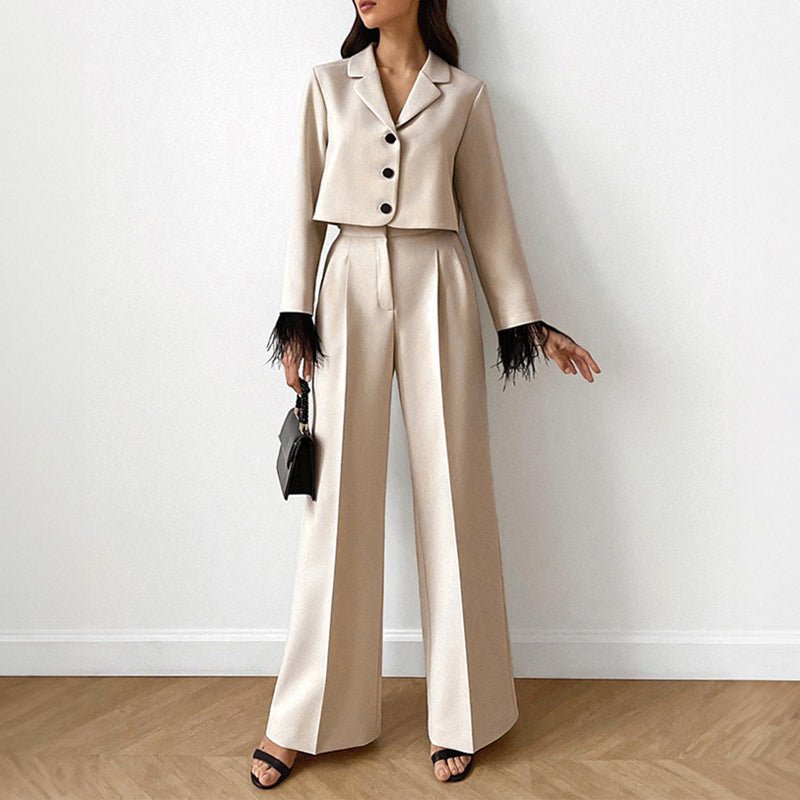 Beige Wide Leg Pants and Cropped Blazer 2 Piece Set for Women | Magnolia Beige