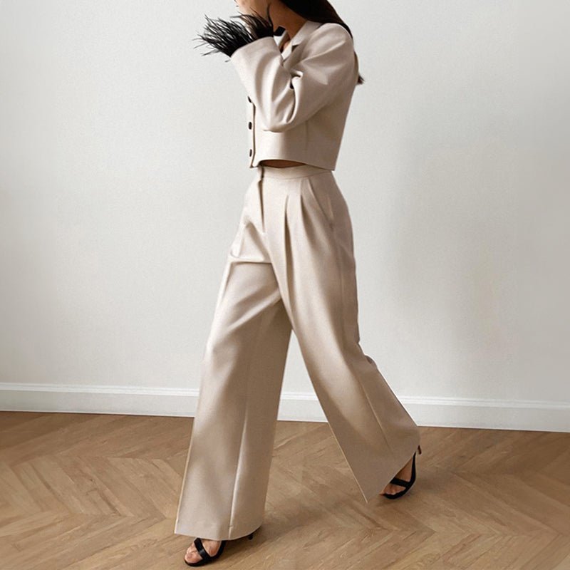 Beige Wide Leg Pants and Cropped Blazer 2 Piece Set for Women | Magnolia
