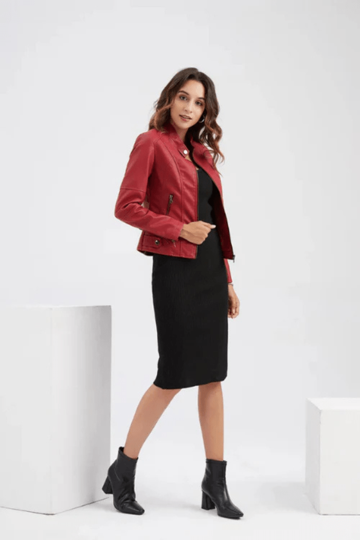 Biker-Style Leather Jacket Elegant Fit for Women | Marisse Red