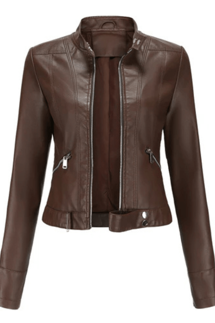Biker-Style Leather Jacket Elegant Fit for Women | Marisse Brown