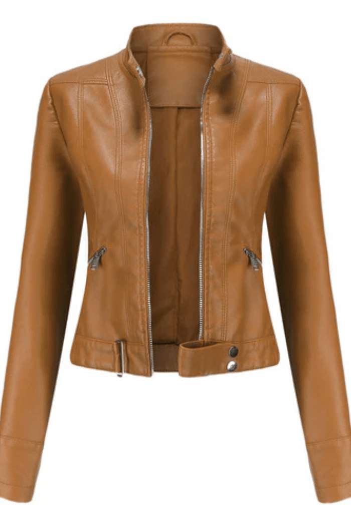 Biker-Style Leather Jacket Elegant Fit for Women | Marisse Light Brown