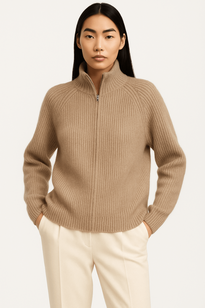 Cashmere Zip-Up Sweater Tailored Fit for Women | Sylvaine Camel