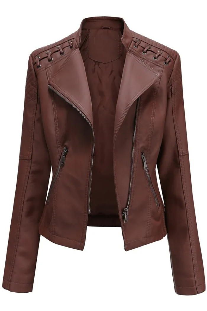 Leather Jacket Long Sleeve Classic Style for Women | Celestine Coffee