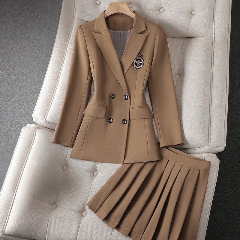 Double-Breasted Blazer and Pleated Short Skirt Set for Women | Valentina Brown