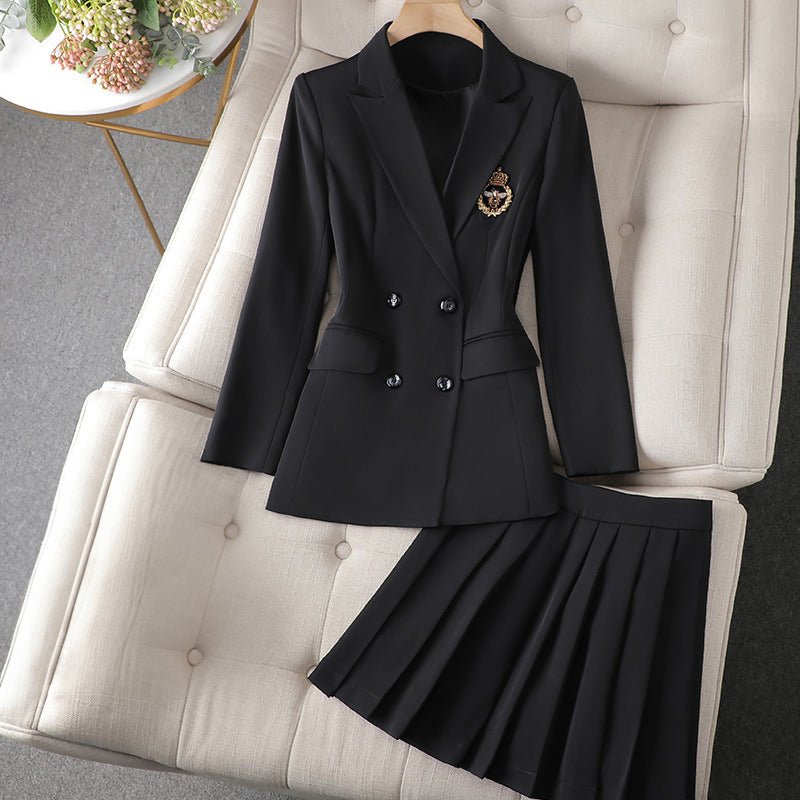 Double-Breasted Blazer and Pleated Short Skirt Set for Women | Valentina Black