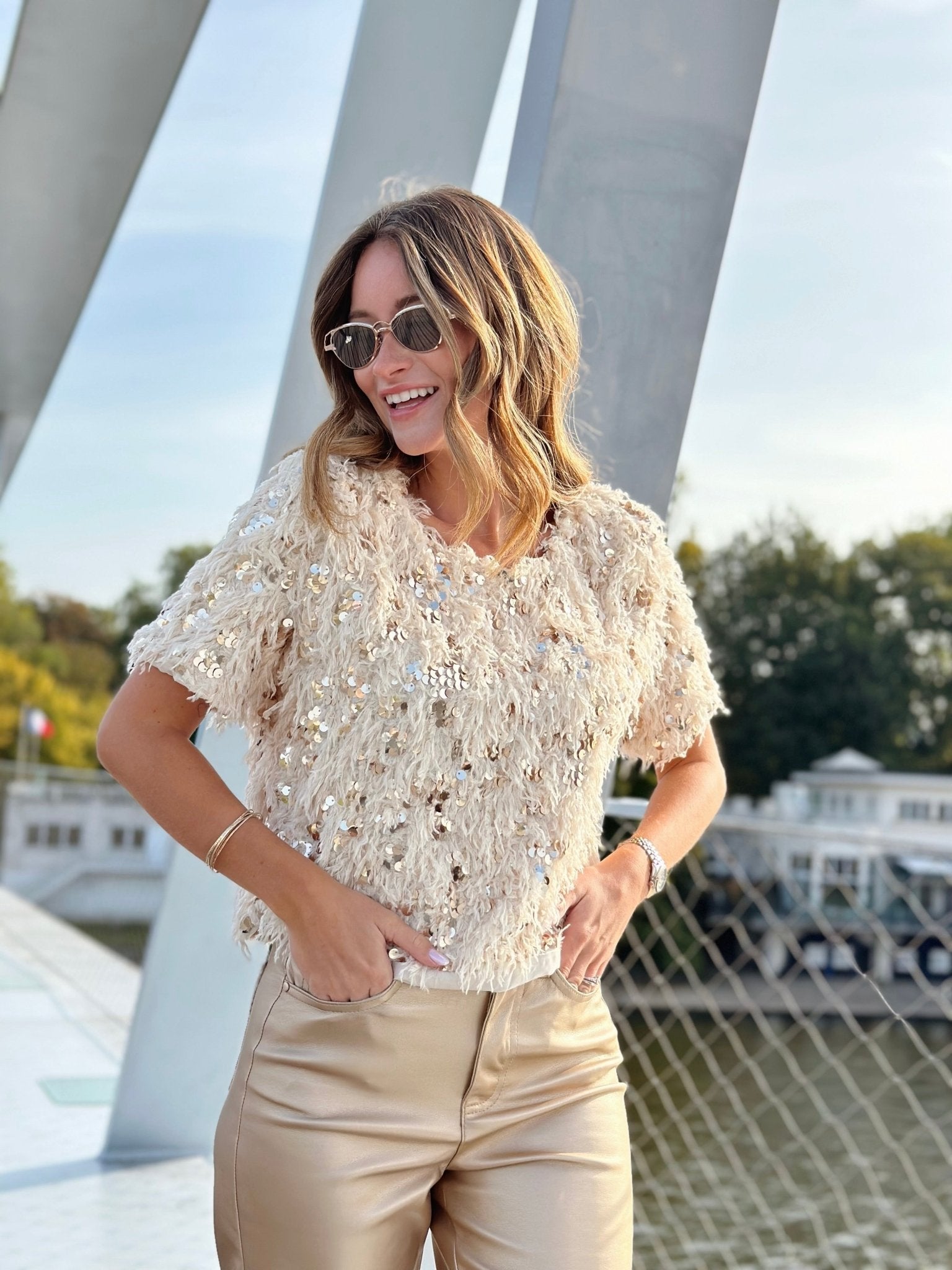 Embellished Blouse with Feathers and Sequins for Women | Elvire