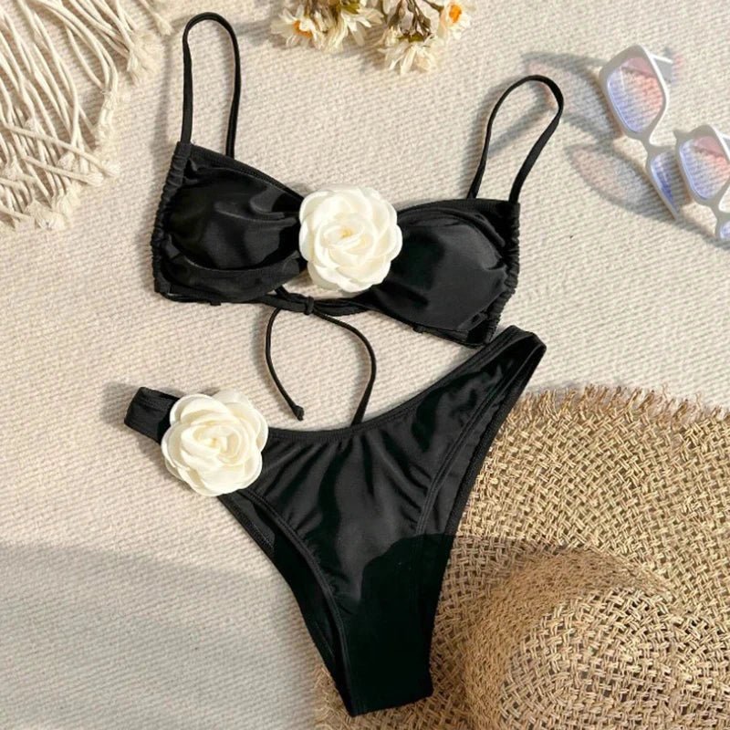 Floral Accent Bikini Set for Women | Aeloria Black