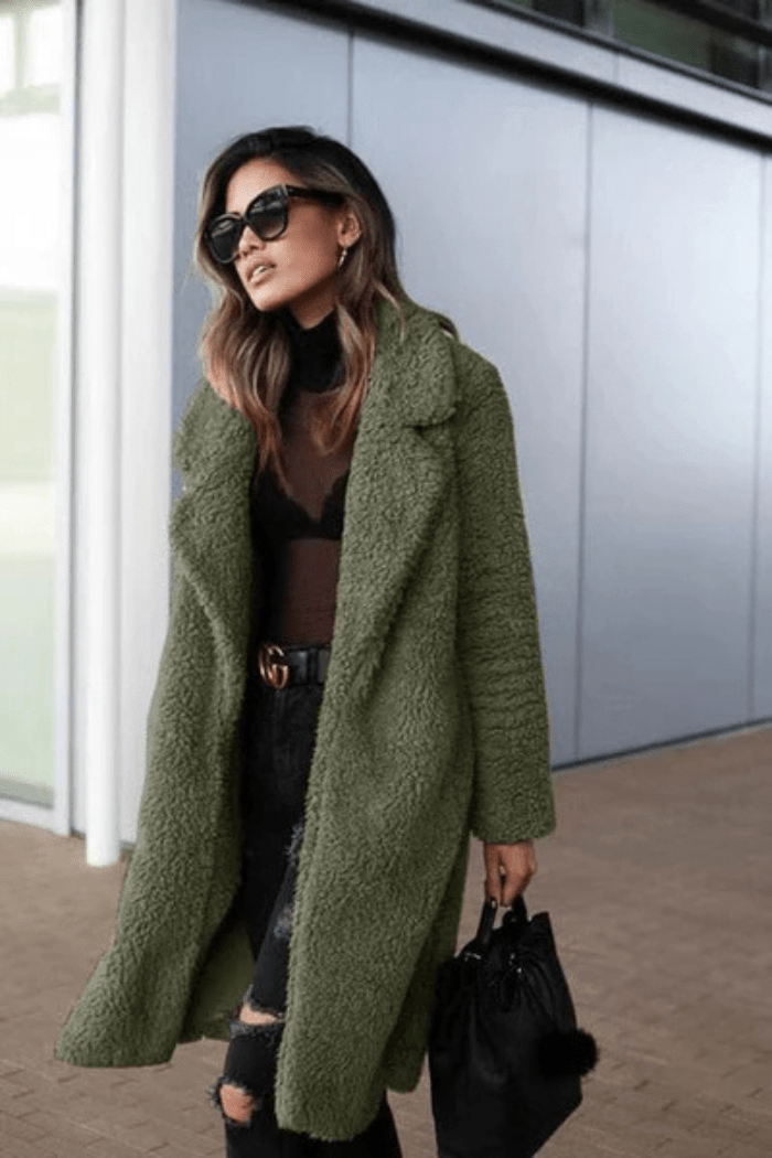 Long Fleece Teddy Coat Warmth for Women | Joly Army Green