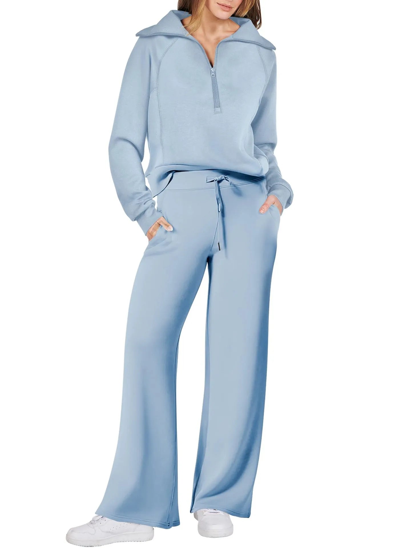 Lounge Set with Zip-Collar Top and Wide-Leg Pants for Women | Aveline Blue