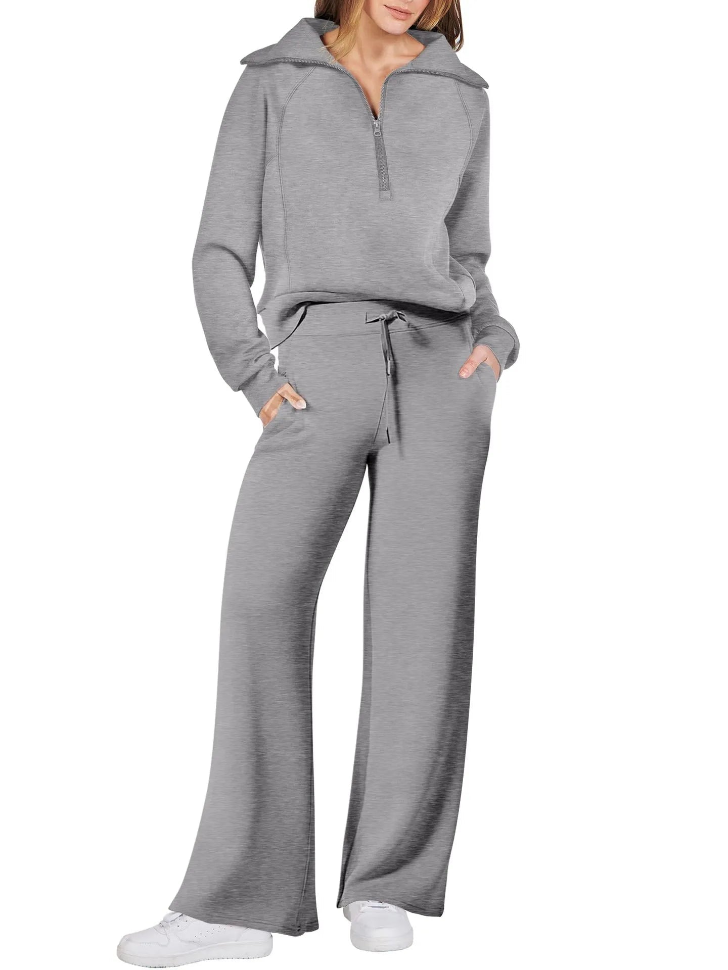 Lounge Set with Zip-Collar Top and Wide-Leg Pants for Women | Aveline Grey