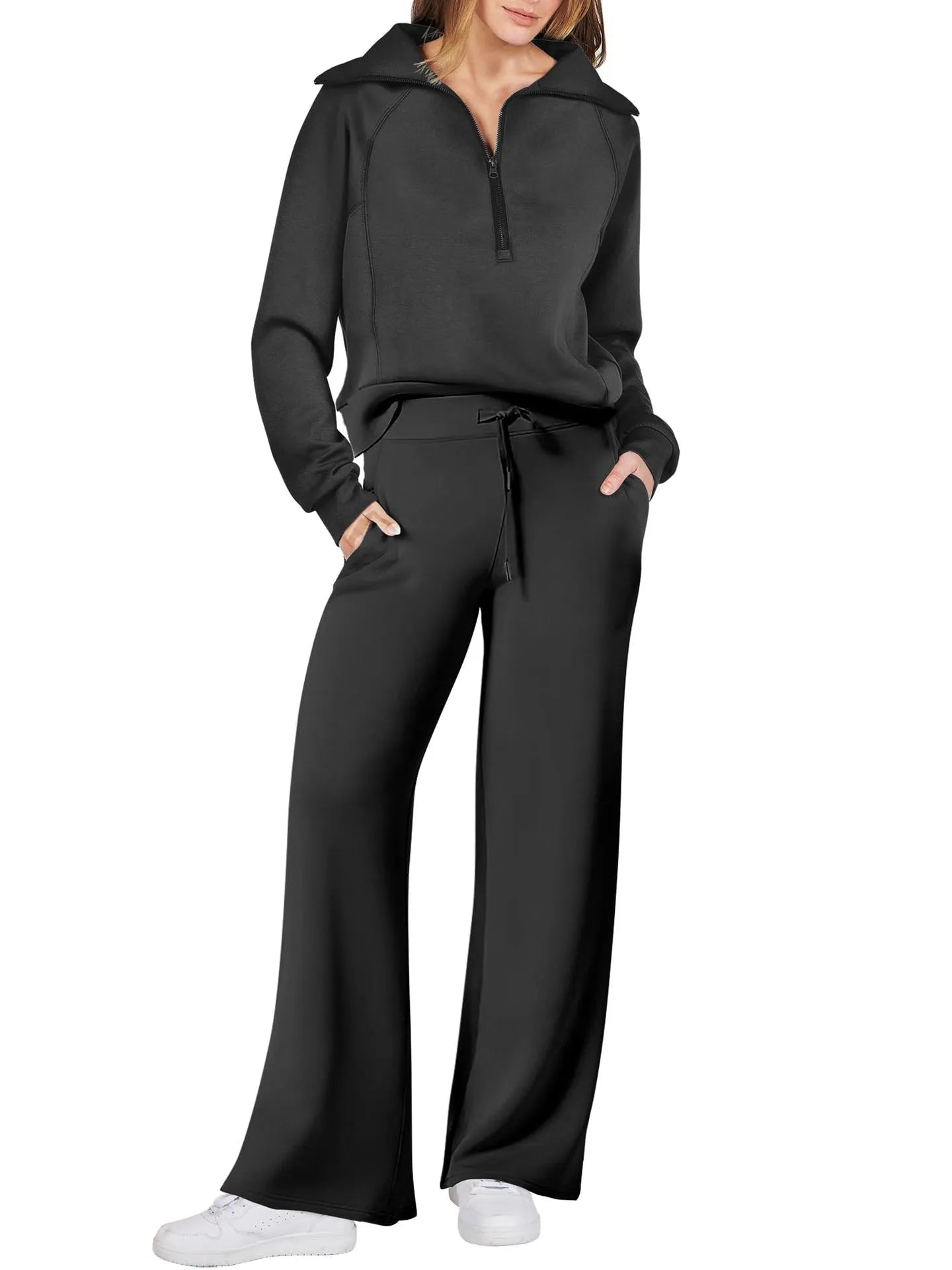 Lounge Set with Zip-Collar Top and Wide-Leg Pants for Women | Aveline Black