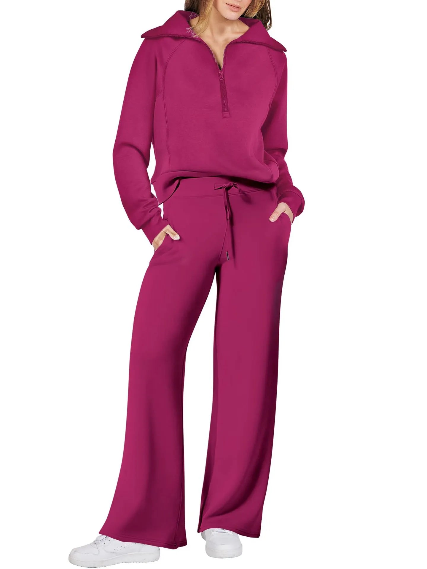 Lounge Set with Zip-Collar Top and Wide-Leg Pants for Women | Aveline Pink