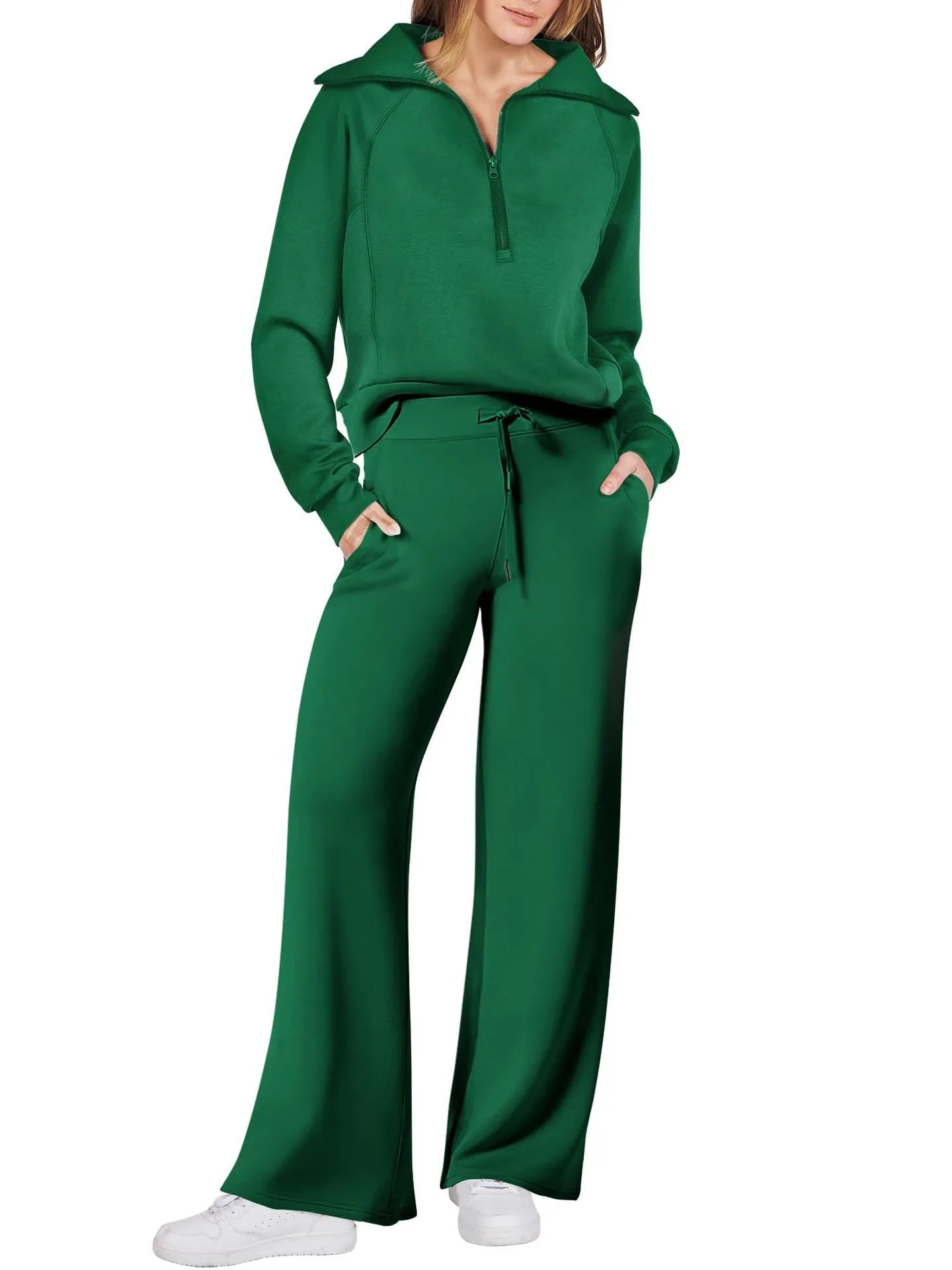 Lounge Set with Zip-Collar Top and Wide-Leg Pants for Women | Aveline Green