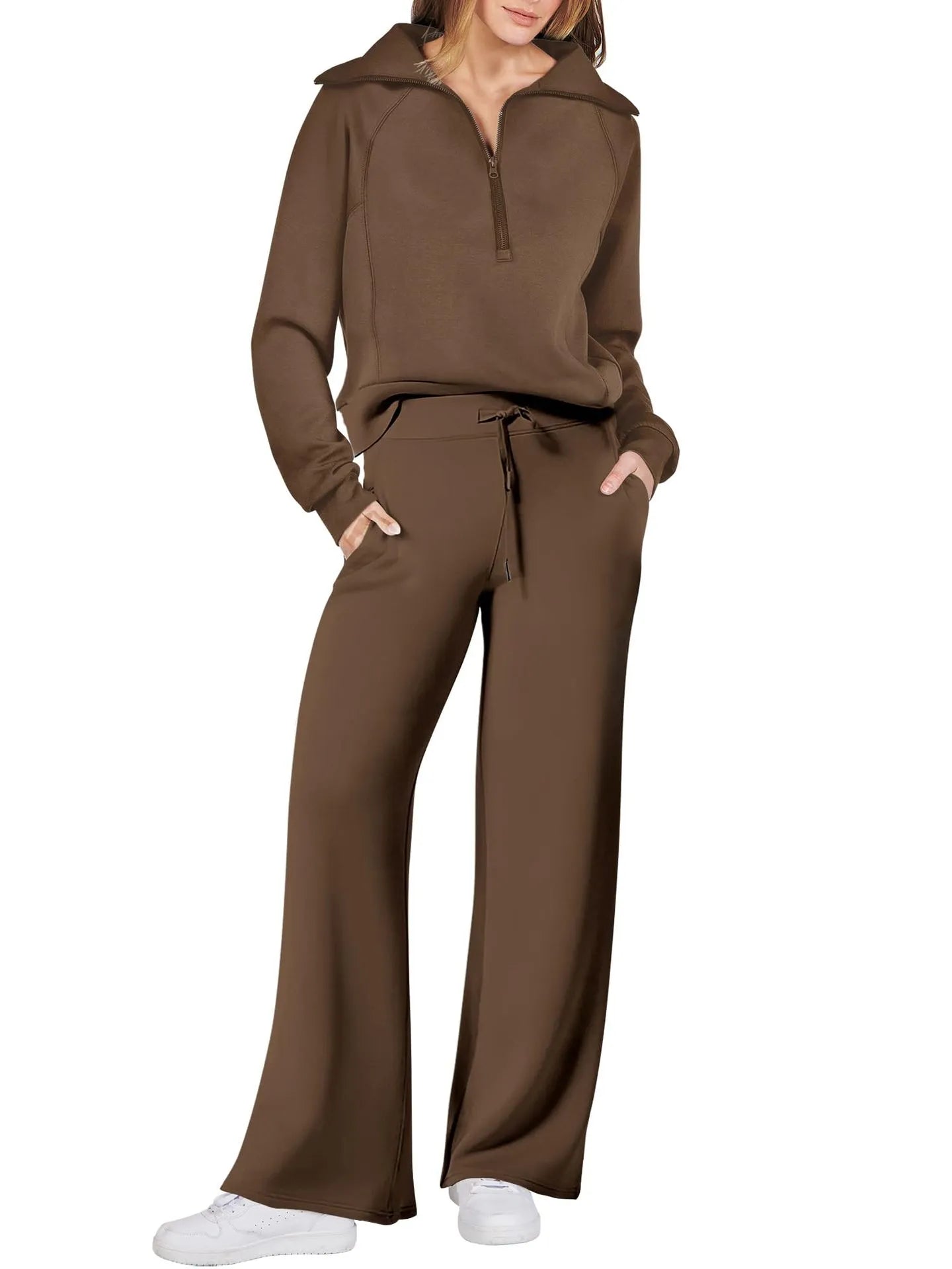 Lounge Set with Zip-Collar Top and Wide-Leg Pants for Women | Aveline Brown