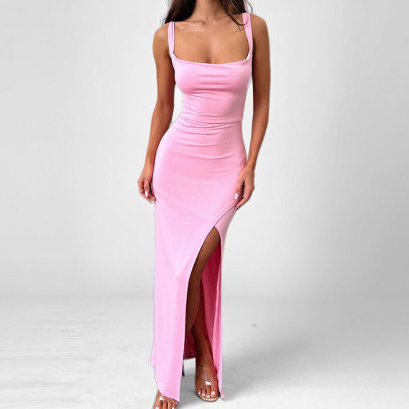 Maxi Dress with Spaghetti Straps and High Slit for Women | Anastasia Pink