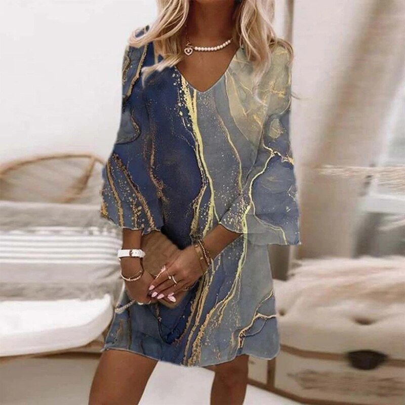 Mini Dress with V-Neck and Flared Three-Quarter Sleeves for Women | Claudia Dark blue