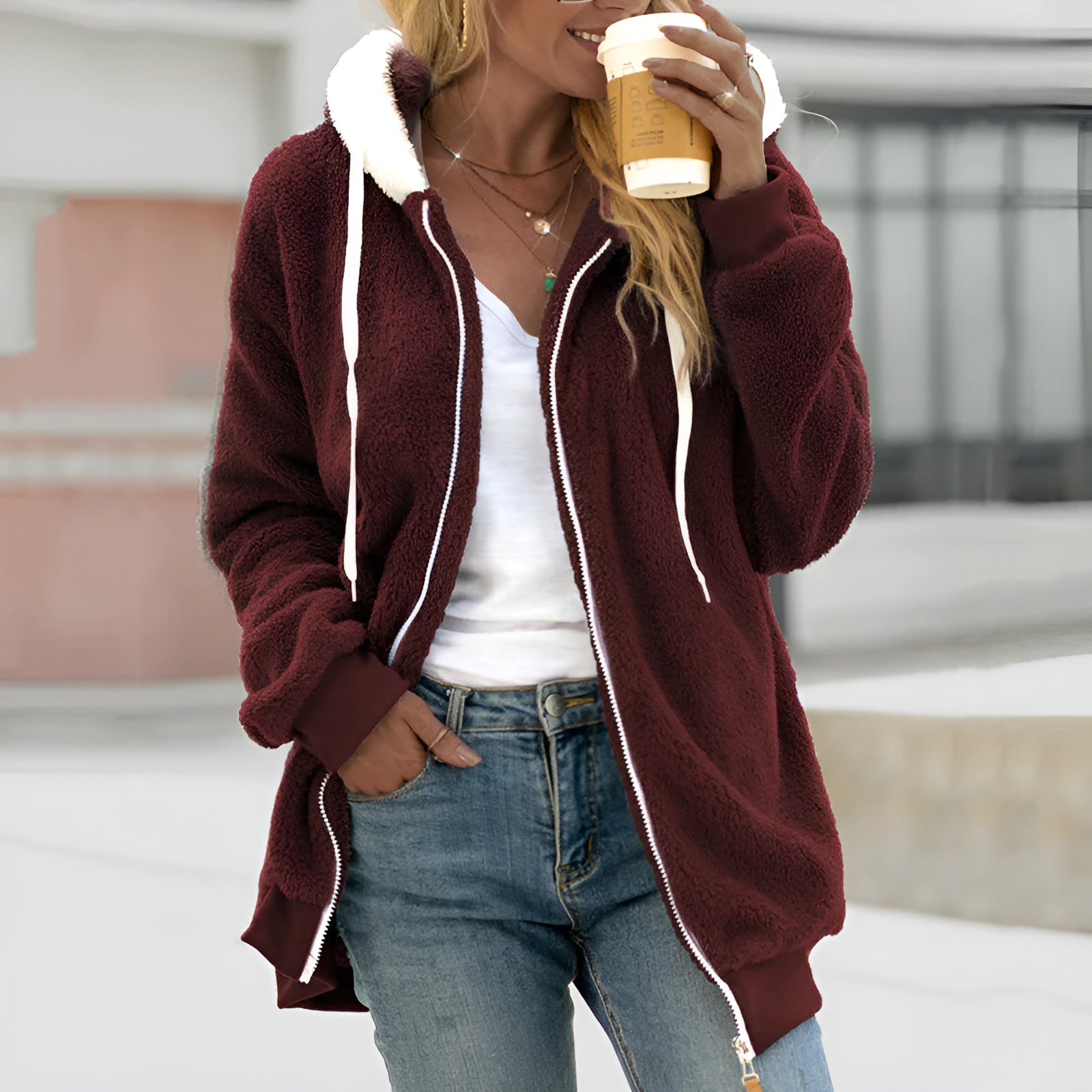 Oversized Zip-Up Hoodie Plush Sherpa for Women | Becky Red