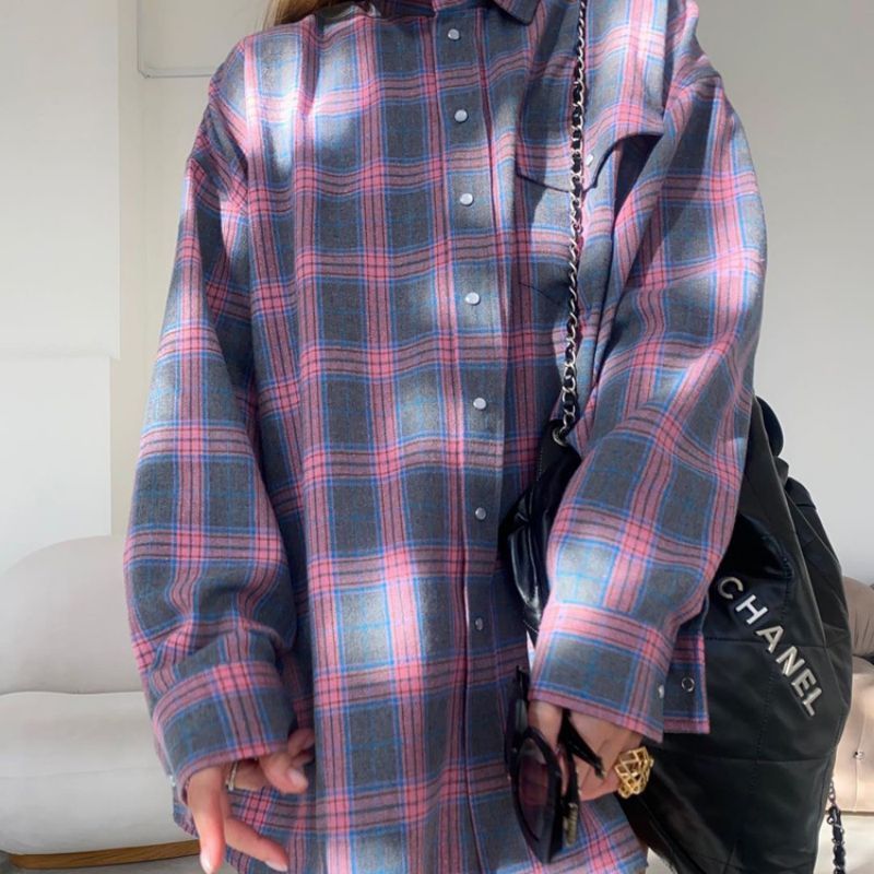 Plaid Button Down Shirt Oversized Fit for Women | Zerok Pink