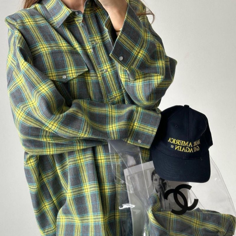 Plaid Button Down Shirt Oversized Fit for Women | Zerok Green