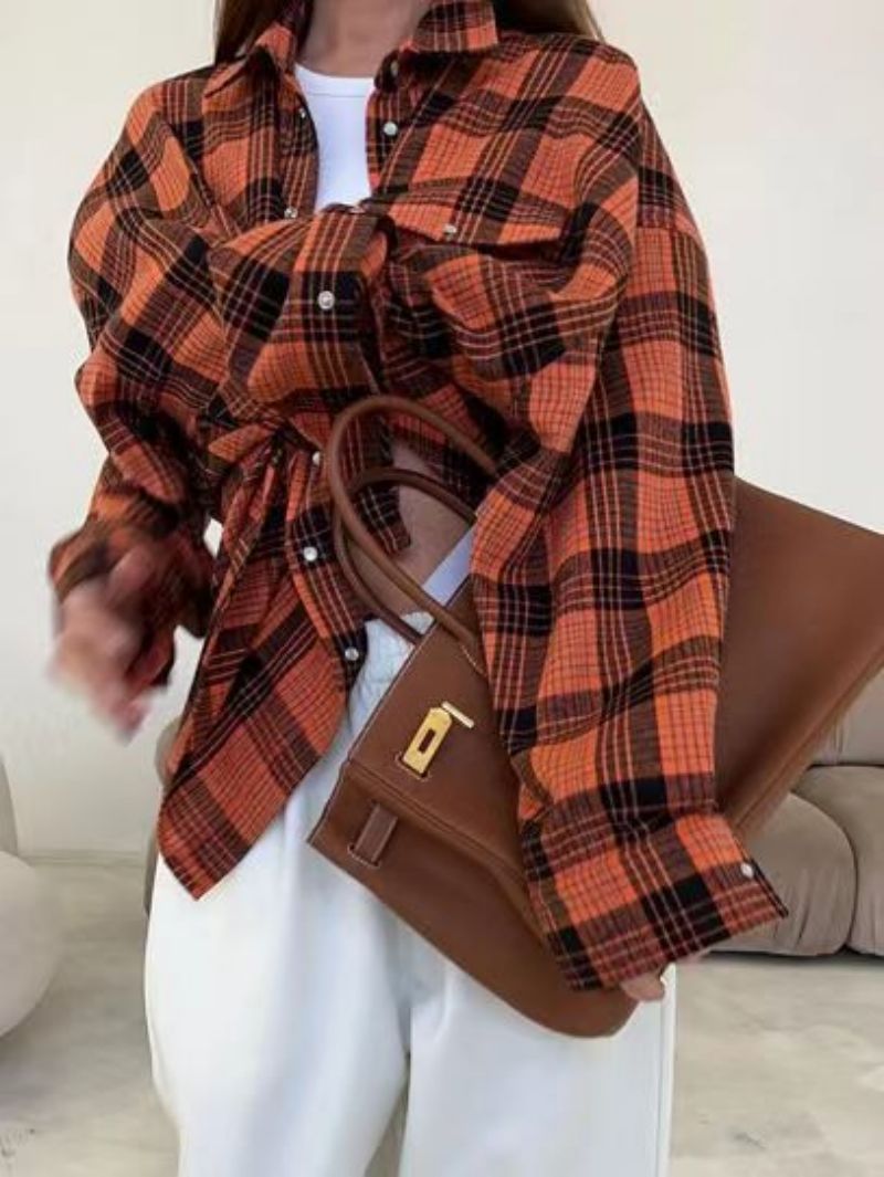 Plaid Button Down Shirt Oversized Fit for Women | Zerok Dark Orange