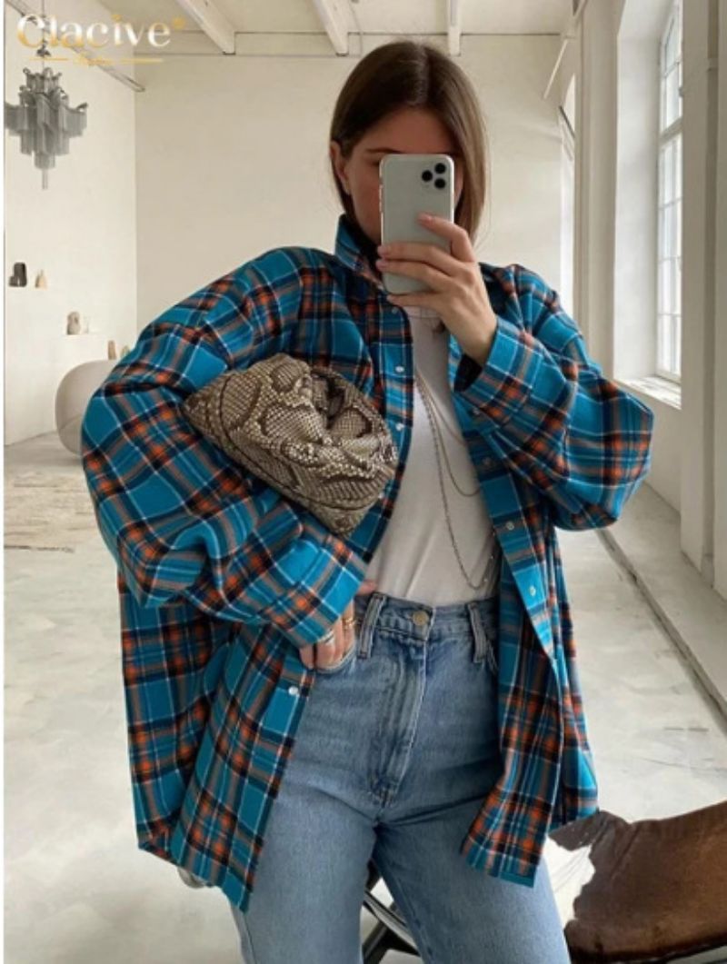 Plaid Button Down Shirt Oversized Fit for Women | Zerok Orange Blue