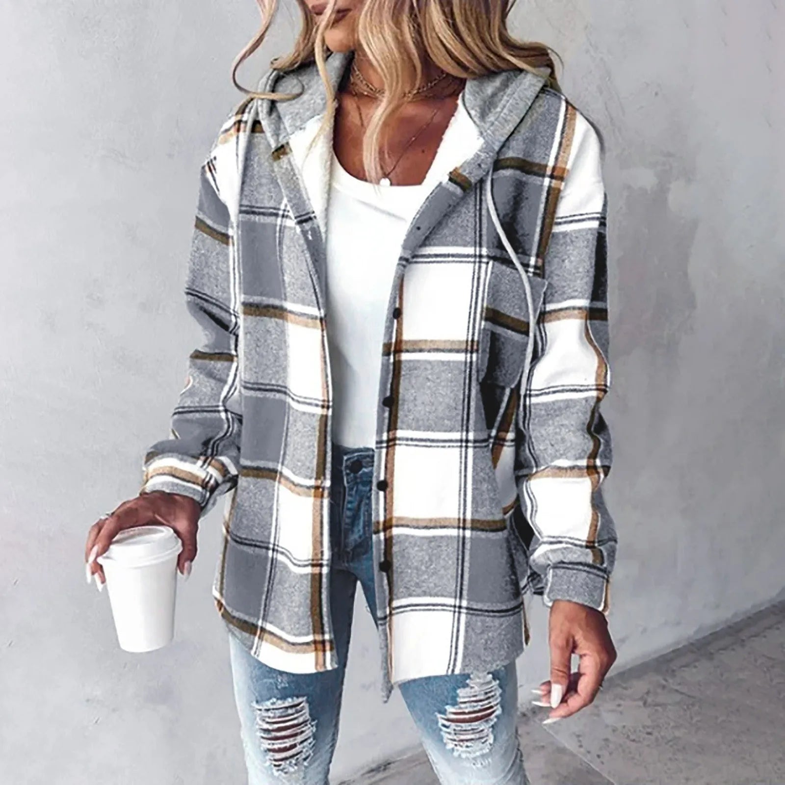 Plaid Zip-Up Hooded Jacket Stylish Fit for Women | Isa Grey