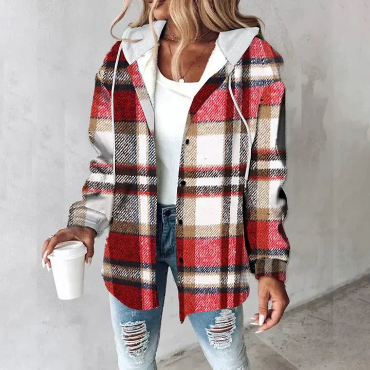 Plaid Zip-Up Hooded Jacket Stylish Fit for Women | Isa Red
