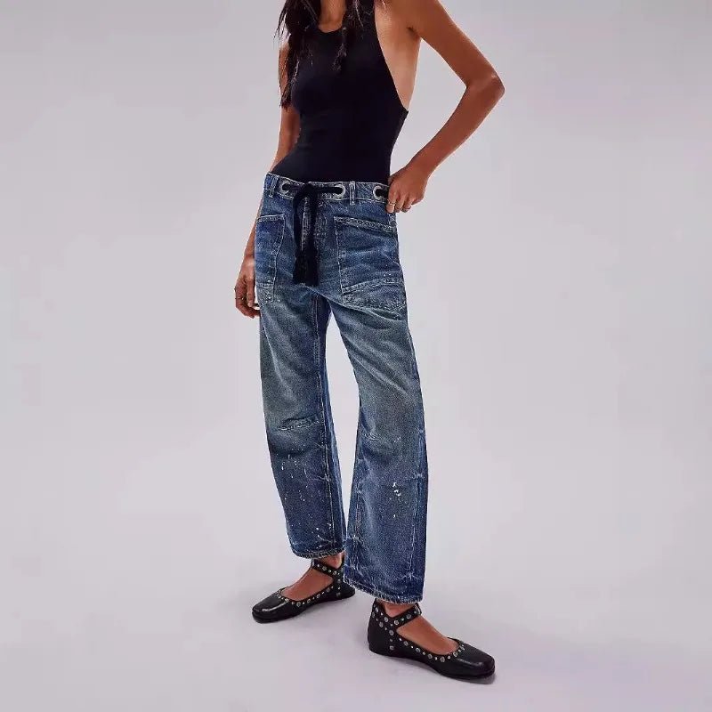 Relaxed Denim Pants with Adjustable Drawcord for Women | Thea Navy