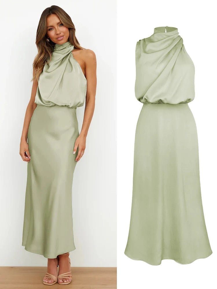 Satin Midi Dress with Asymmetrical Neckline for Women | Julia Light green
