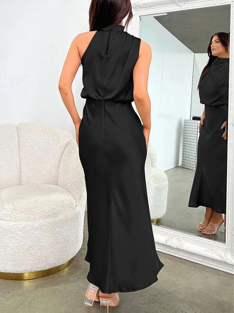 Satin Midi Dress with Asymmetrical Neckline for Women | Julia