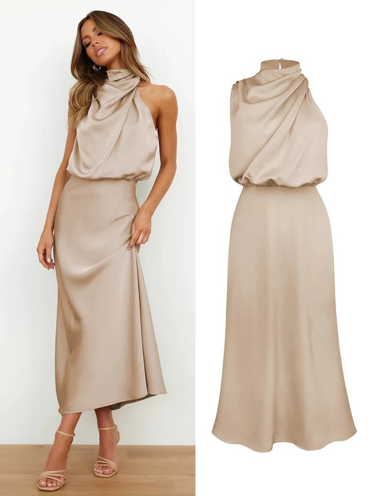Satin Midi Dress with Asymmetrical Neckline for Women | Julia Beige