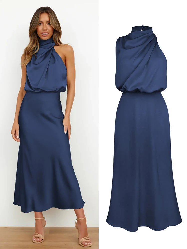 Satin Midi Dress with Asymmetrical Neckline for Women | Julia Navy