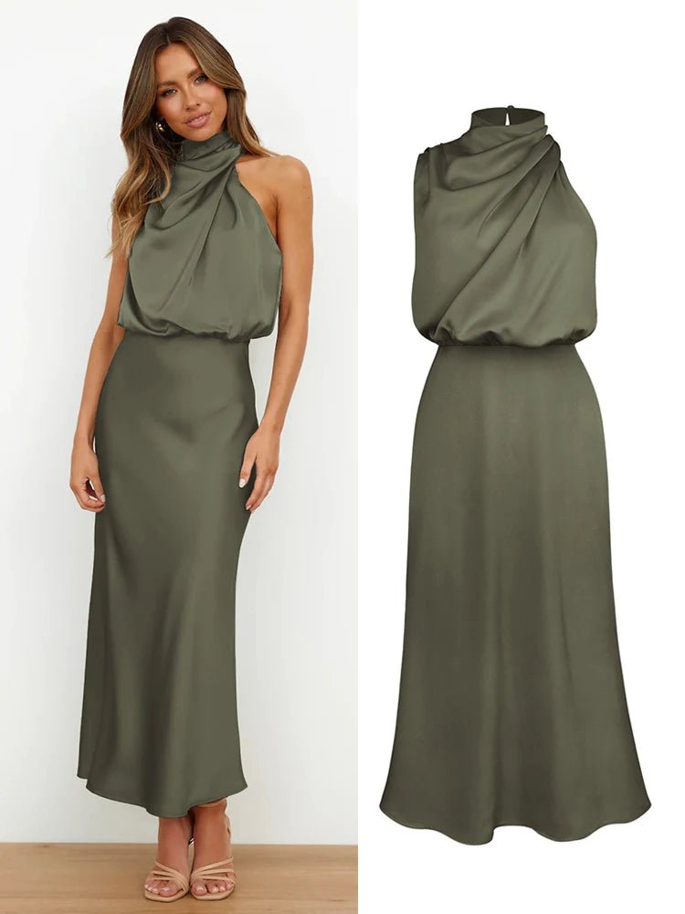 Satin Midi Dress with Asymmetrical Neckline for Women | Julia Green
