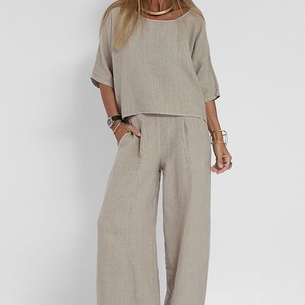 Two-Piece Set with Short Sleeve Top and Wide-Leg Trousers for Women | Scarlett Light Gray