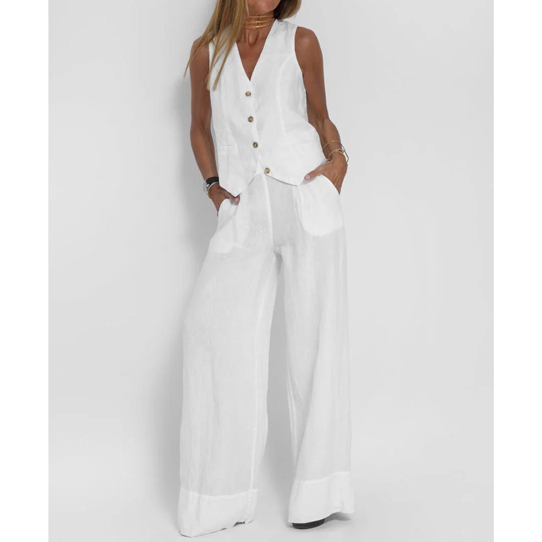 Two-Piece Sleeveless Top and Trouser Set for Women | Nella White