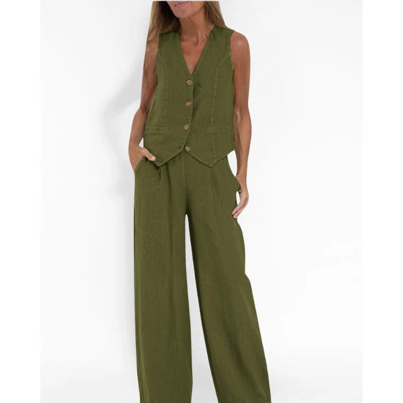 Two-Piece Sleeveless Top and Trouser Set for Women | Nella Olive Green