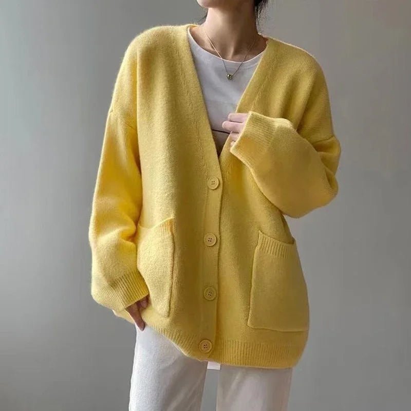 V Neck Button Closure Cardigan for Women | Madeline Yellow