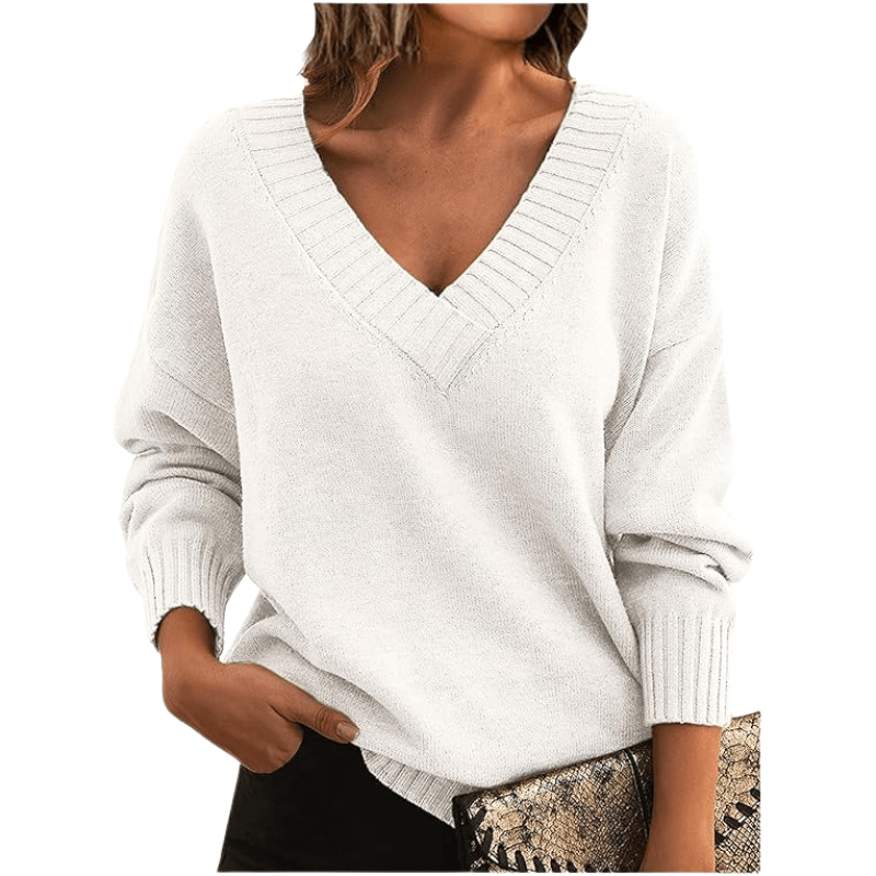V-Neck Sweater Long Sleeve Chic Style for Women | Celeste White