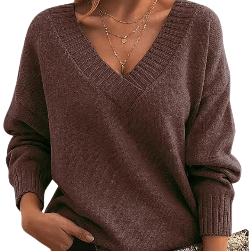 V-Neck Sweater Long Sleeve Chic Style for Women | Celeste Chocolate Brown