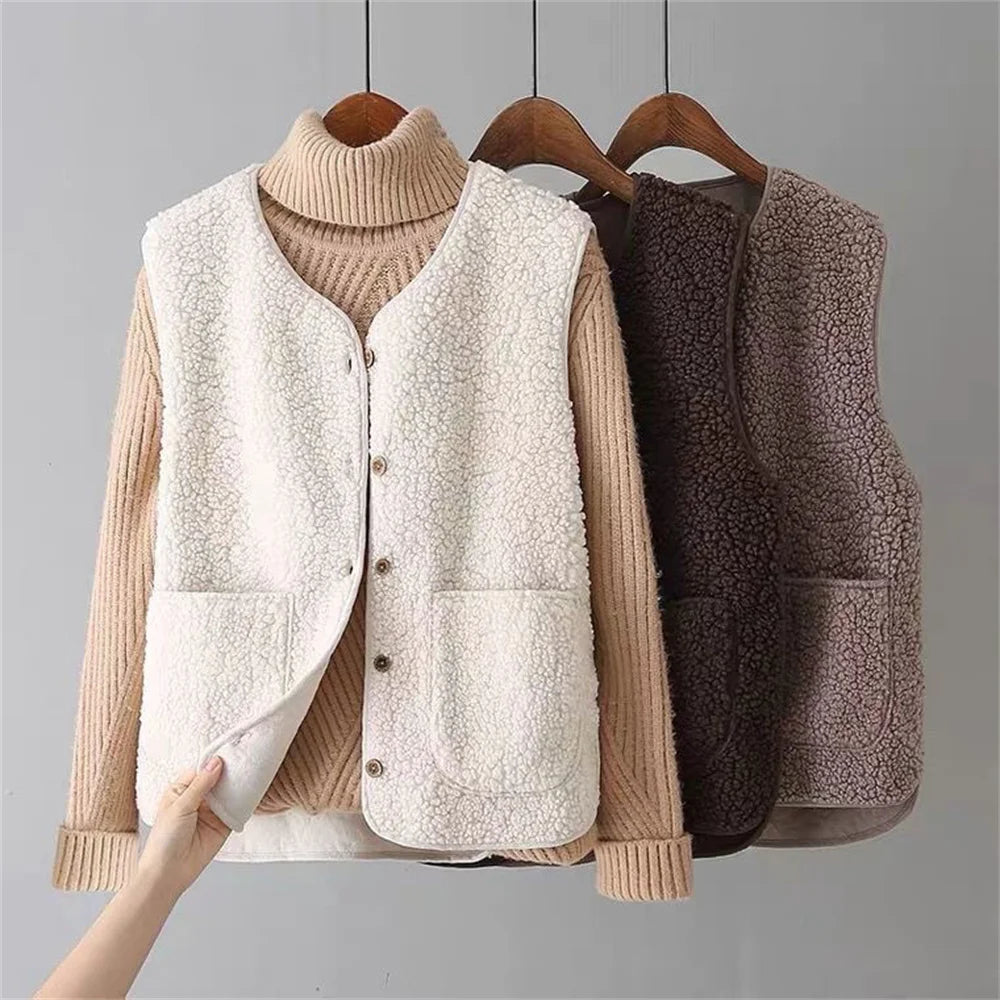 Wool Blend Fleece Sleeveless Vest for Women | Solenne Beige